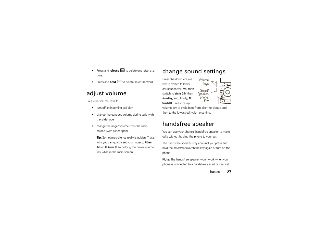 Adjust volume, Change sound settings, Handsfree speaker | Motorola Z6C User Manual | Page 29 / 296