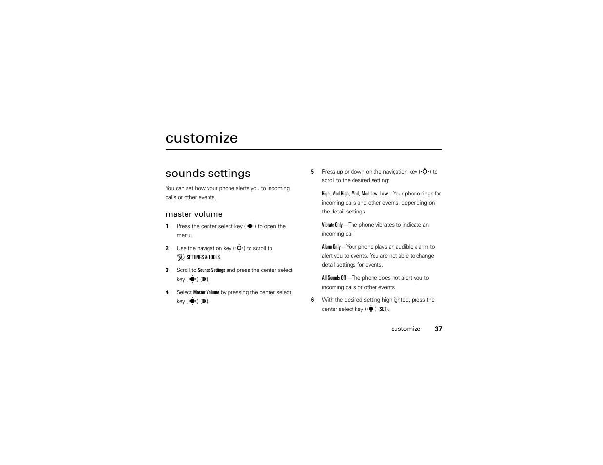 Customize, Sounds settings | Motorola Z6C User Manual | Page 39 / 296
