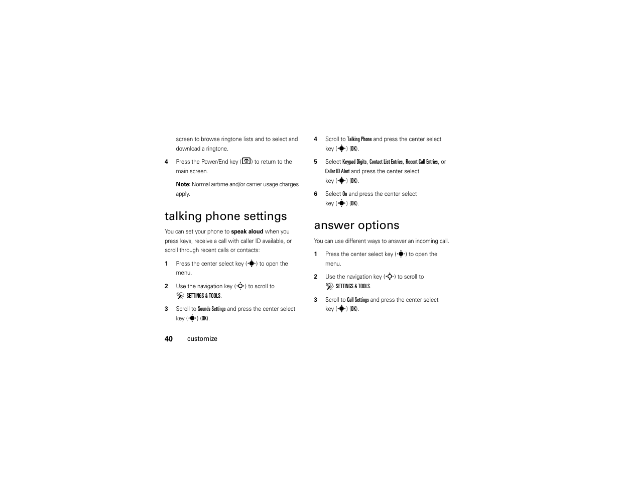 Talking phone settings, Answer options | Motorola Z6C User Manual | Page 42 / 296