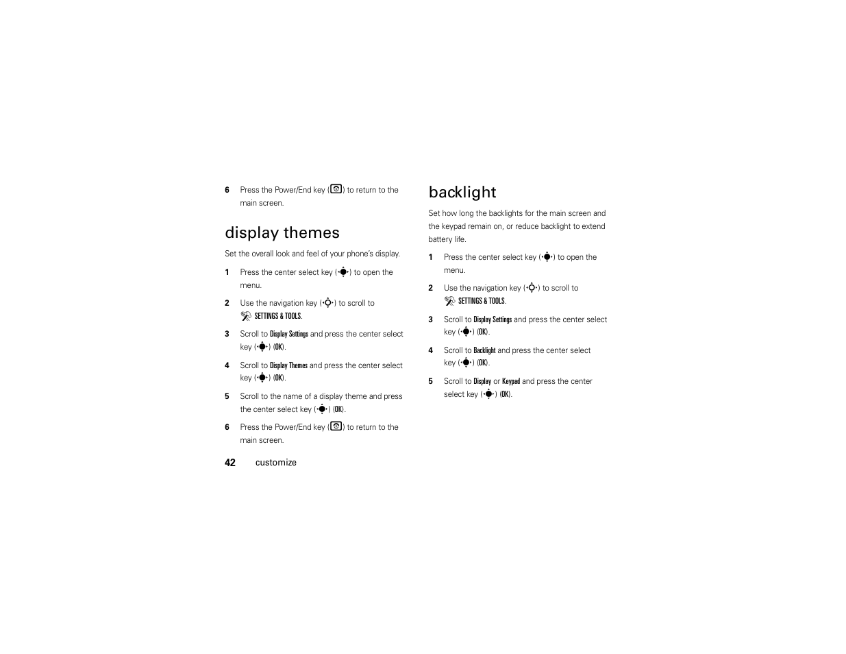 Display themes, Backlight | Motorola Z6C User Manual | Page 44 / 296