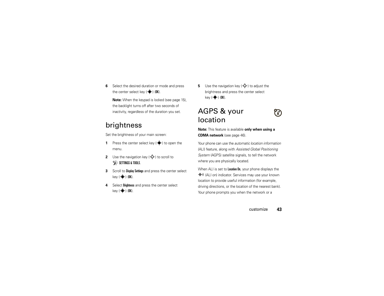 Brightness, Agps & your location | Motorola Z6C User Manual | Page 45 / 296