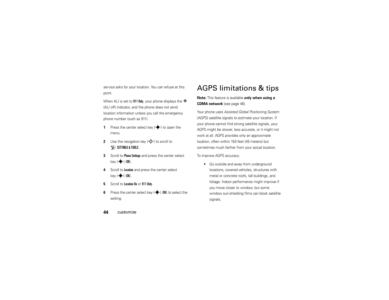 Agps limitations & tips | Motorola Z6C User Manual | Page 46 / 296