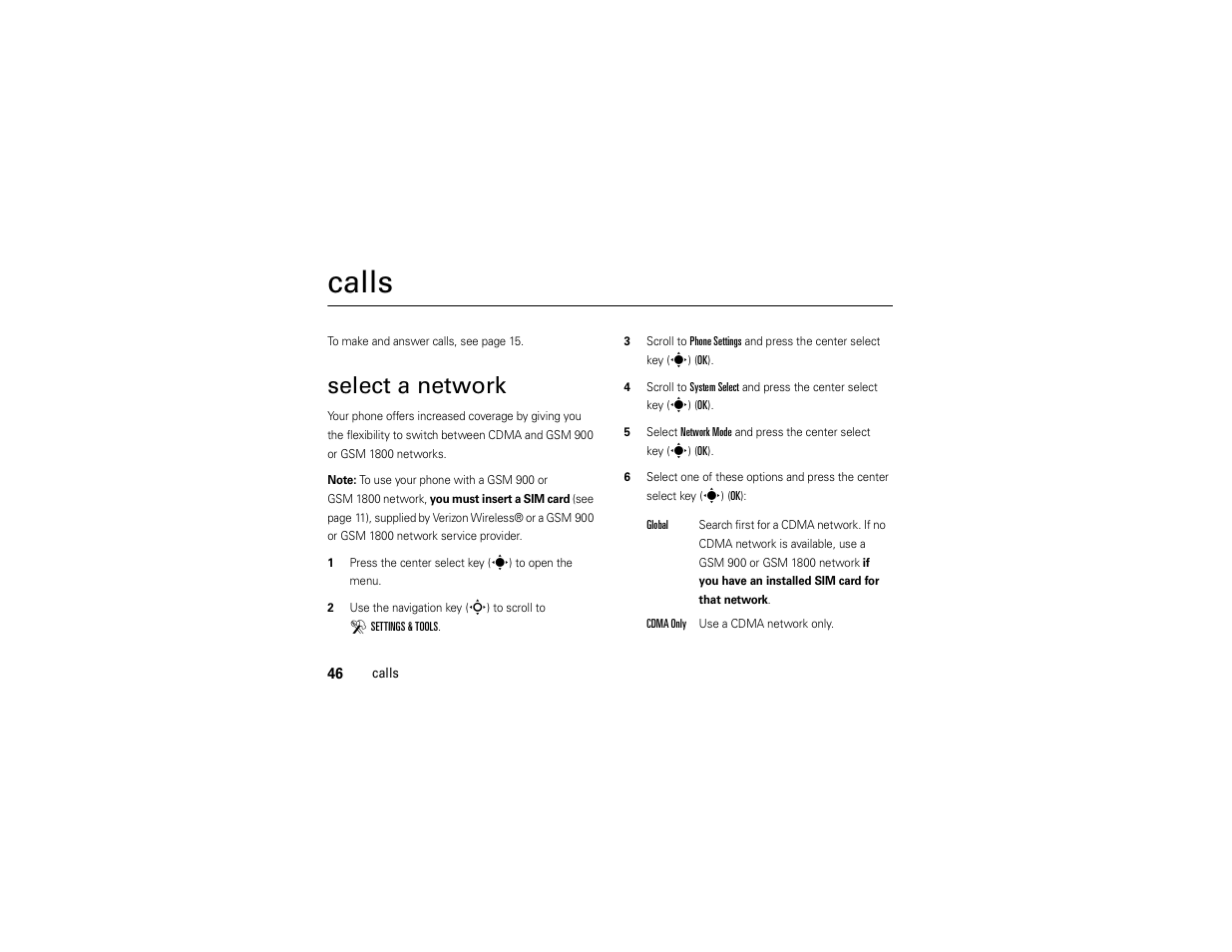 Calls, Select a network | Motorola Z6C User Manual | Page 48 / 296