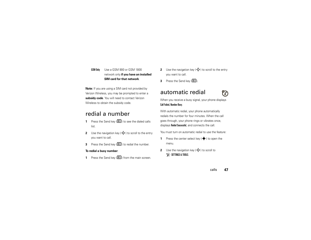 Redial a number, Automatic redial | Motorola Z6C User Manual | Page 49 / 296