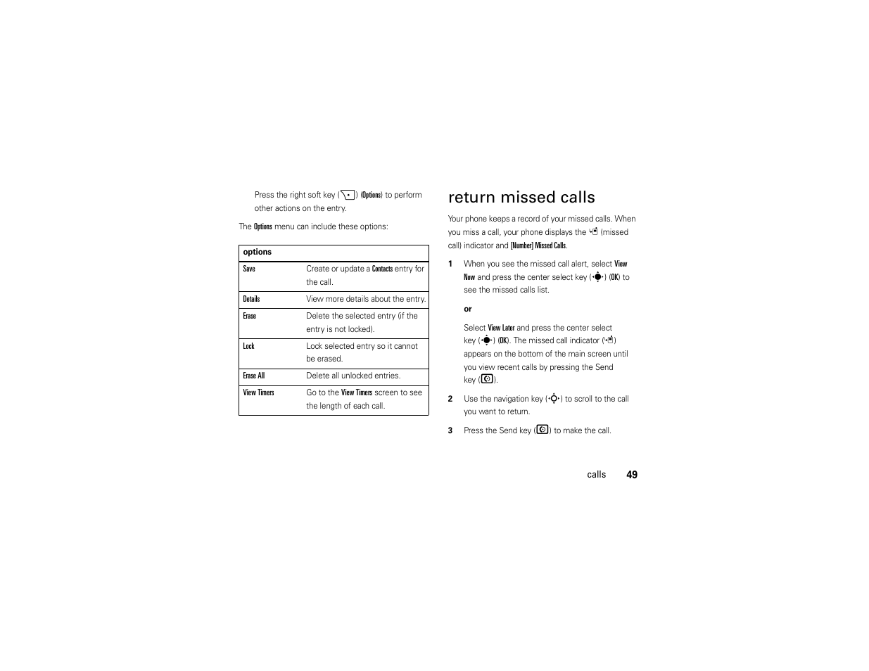 Return missed calls | Motorola Z6C User Manual | Page 51 / 296