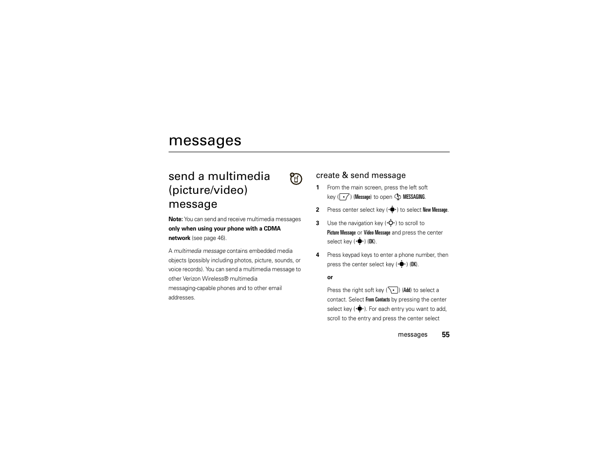 Messages, Send a multimedia (picture/video) message | Motorola Z6C User Manual | Page 57 / 296