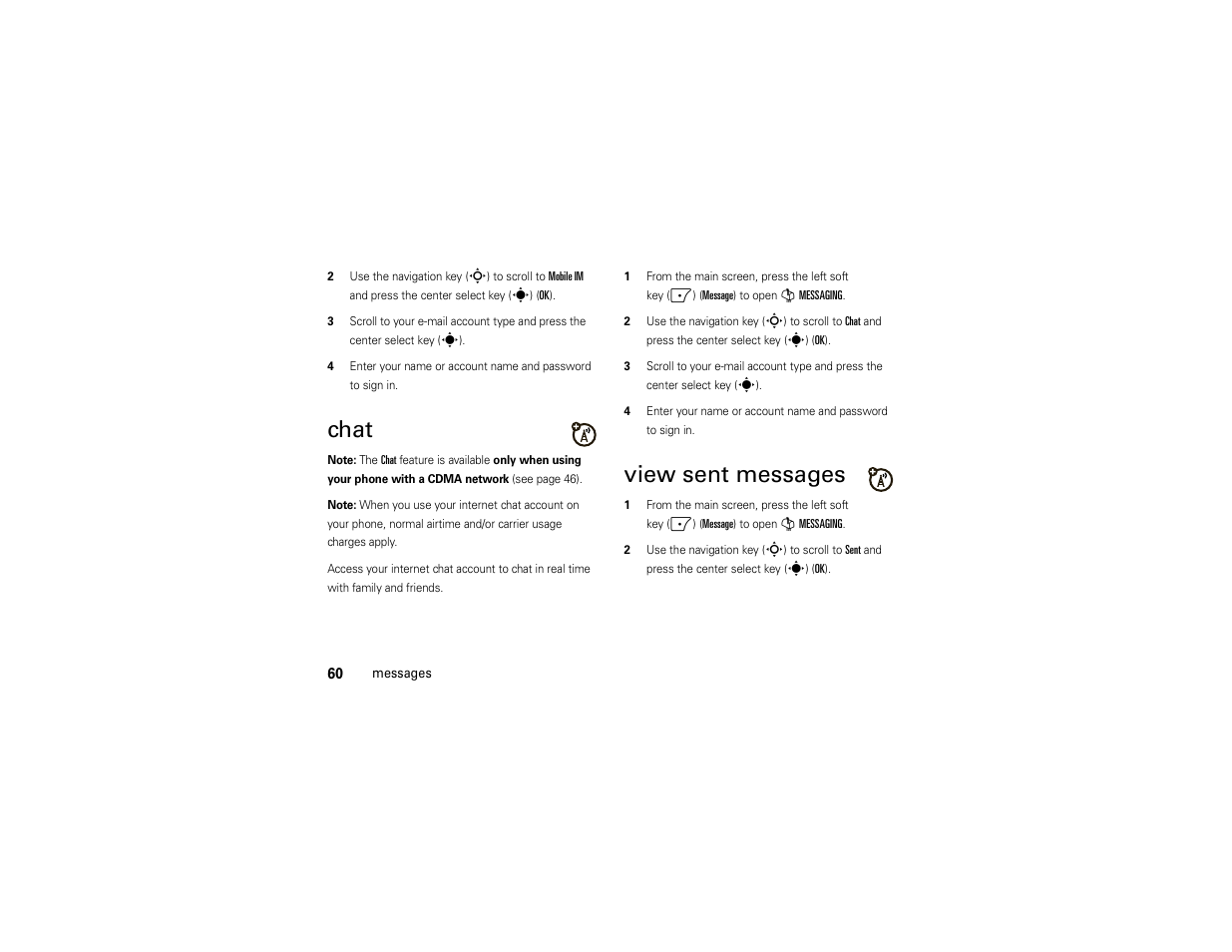 Chat, View sent messages | Motorola Z6C User Manual | Page 62 / 296