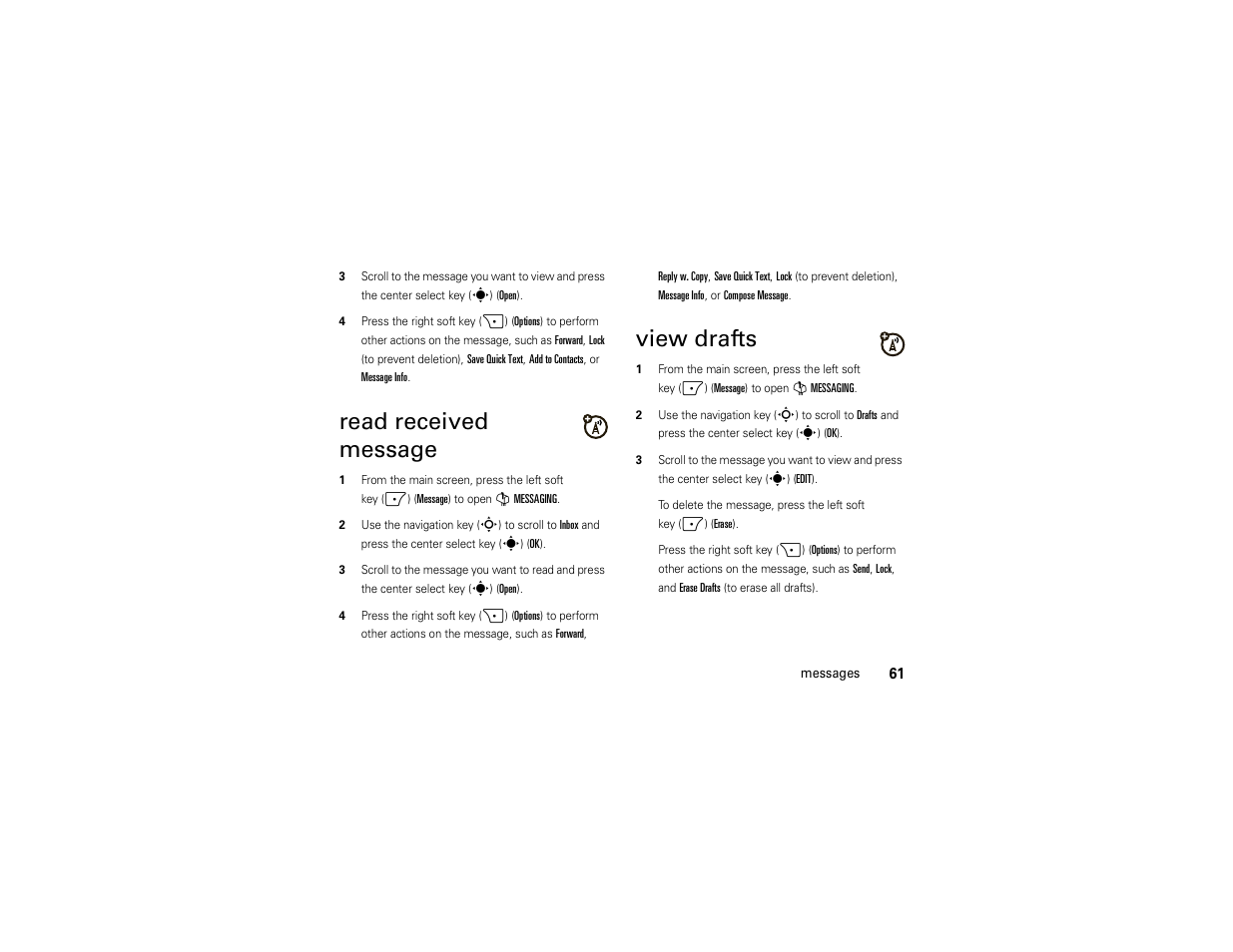 Read received message, View drafts | Motorola Z6C User Manual | Page 63 / 296