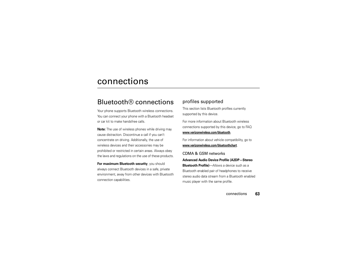 Connections, Bluetooth® connections | Motorola Z6C User Manual | Page 65 / 296