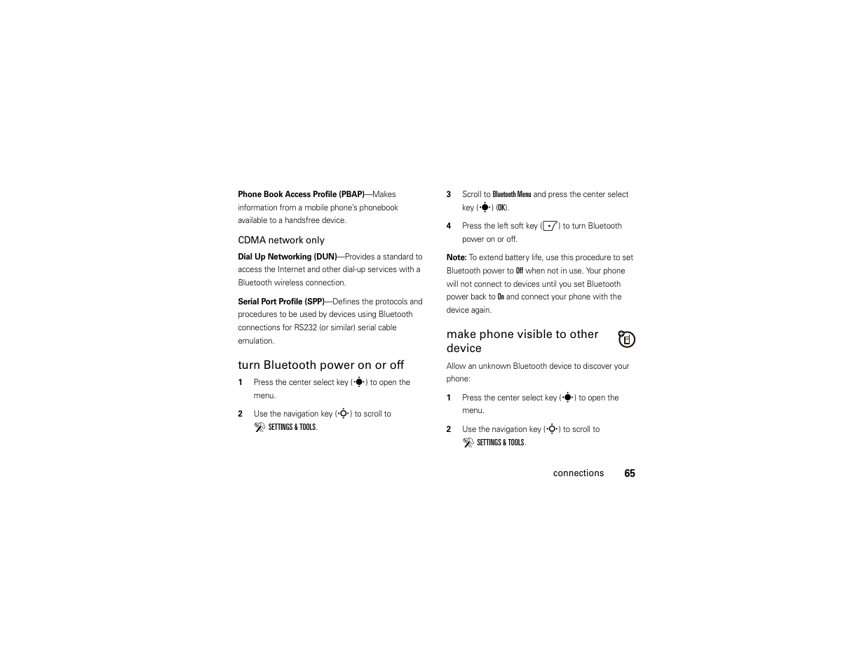 Turn bluetooth power on or off, Make phone visible to other device | Motorola Z6C User Manual | Page 67 / 296