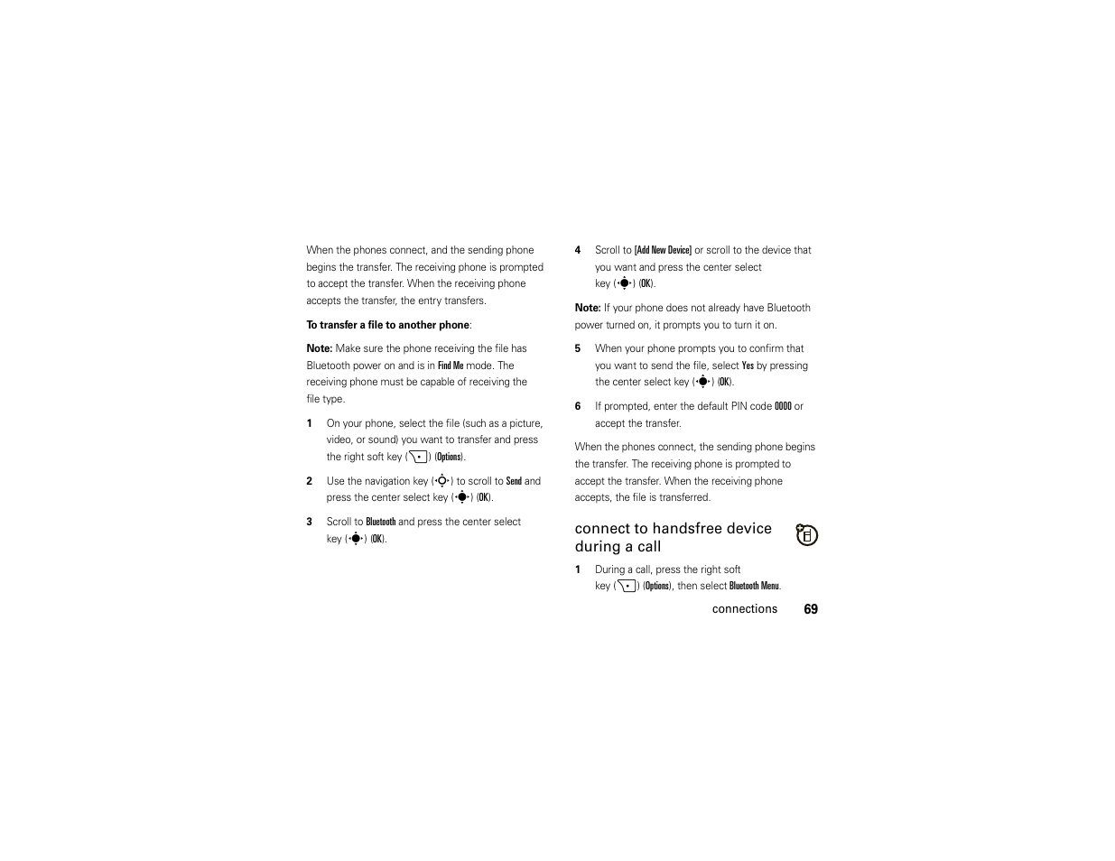 Connect to handsfree device during a call | Motorola Z6C User Manual | Page 71 / 296