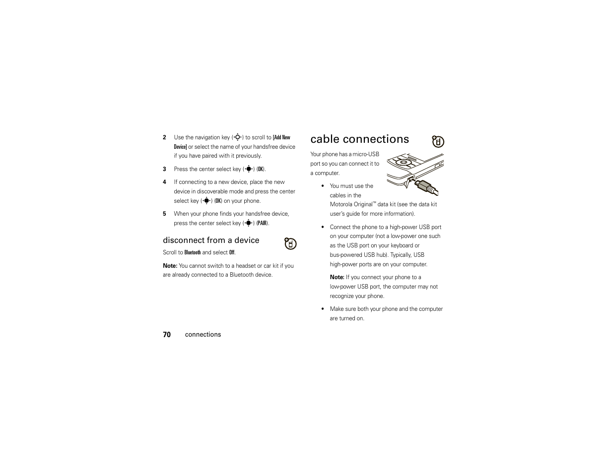 Cable connections, Disconnect from a device | Motorola Z6C User Manual | Page 72 / 296