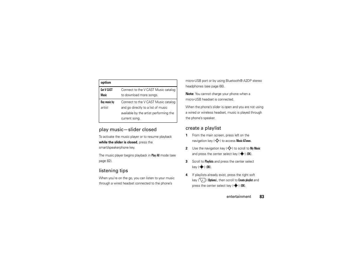 Play music—slider closed, Listening tips, Create a playlist | Motorola Z6C User Manual | Page 85 / 296