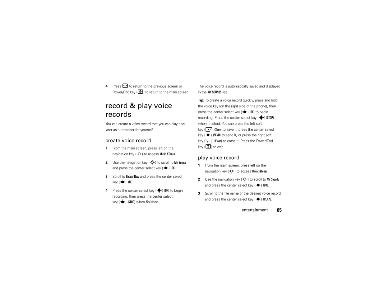 Record & play voice records, Create voice record, Play voice record | Motorola Z6C User Manual | Page 87 / 296