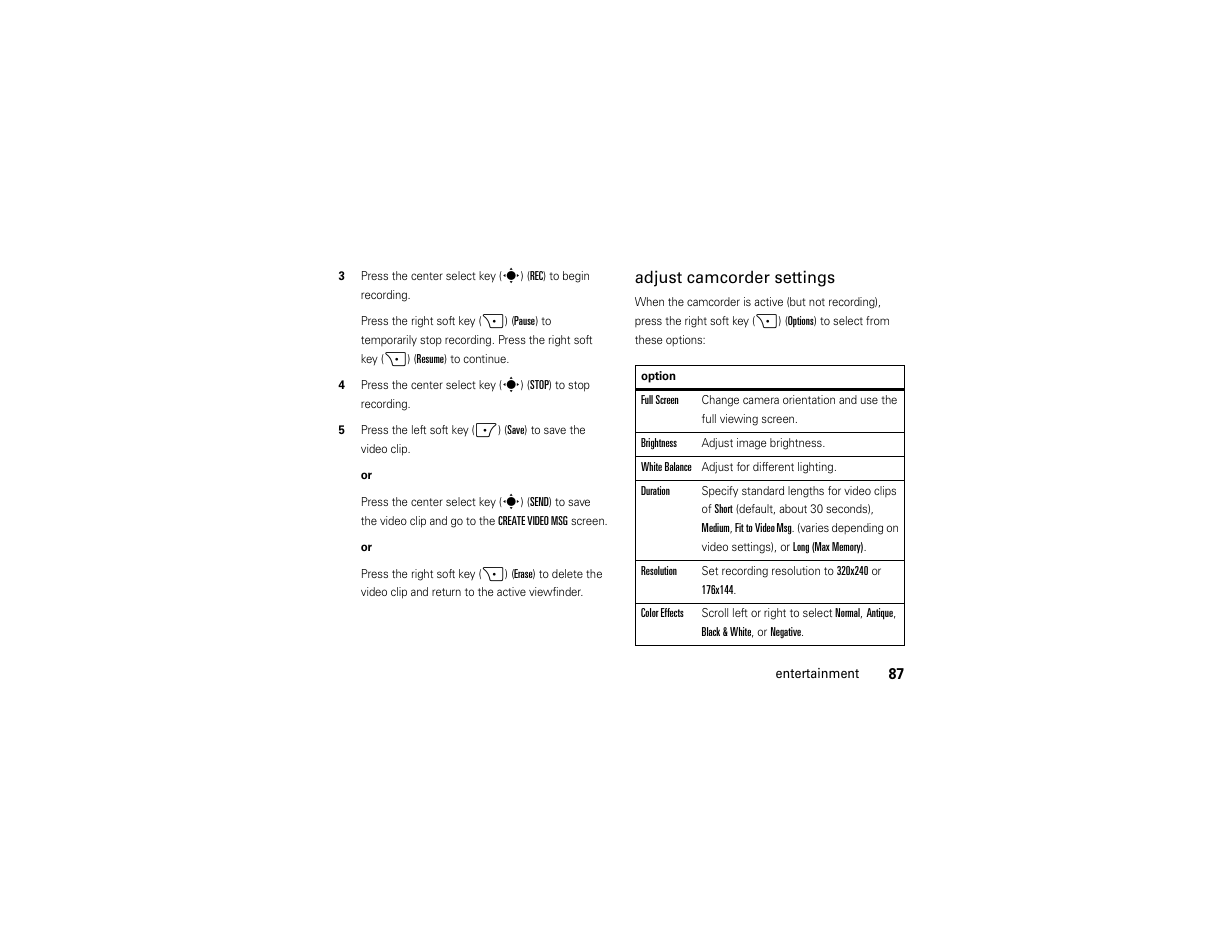 Adjust camcorder settings | Motorola Z6C User Manual | Page 89 / 296