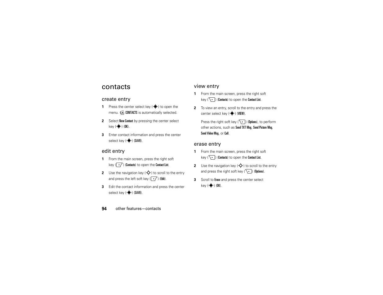 Contacts, Create entry, Edit entry | View entry, Erase entry | Motorola Z6C User Manual | Page 96 / 296