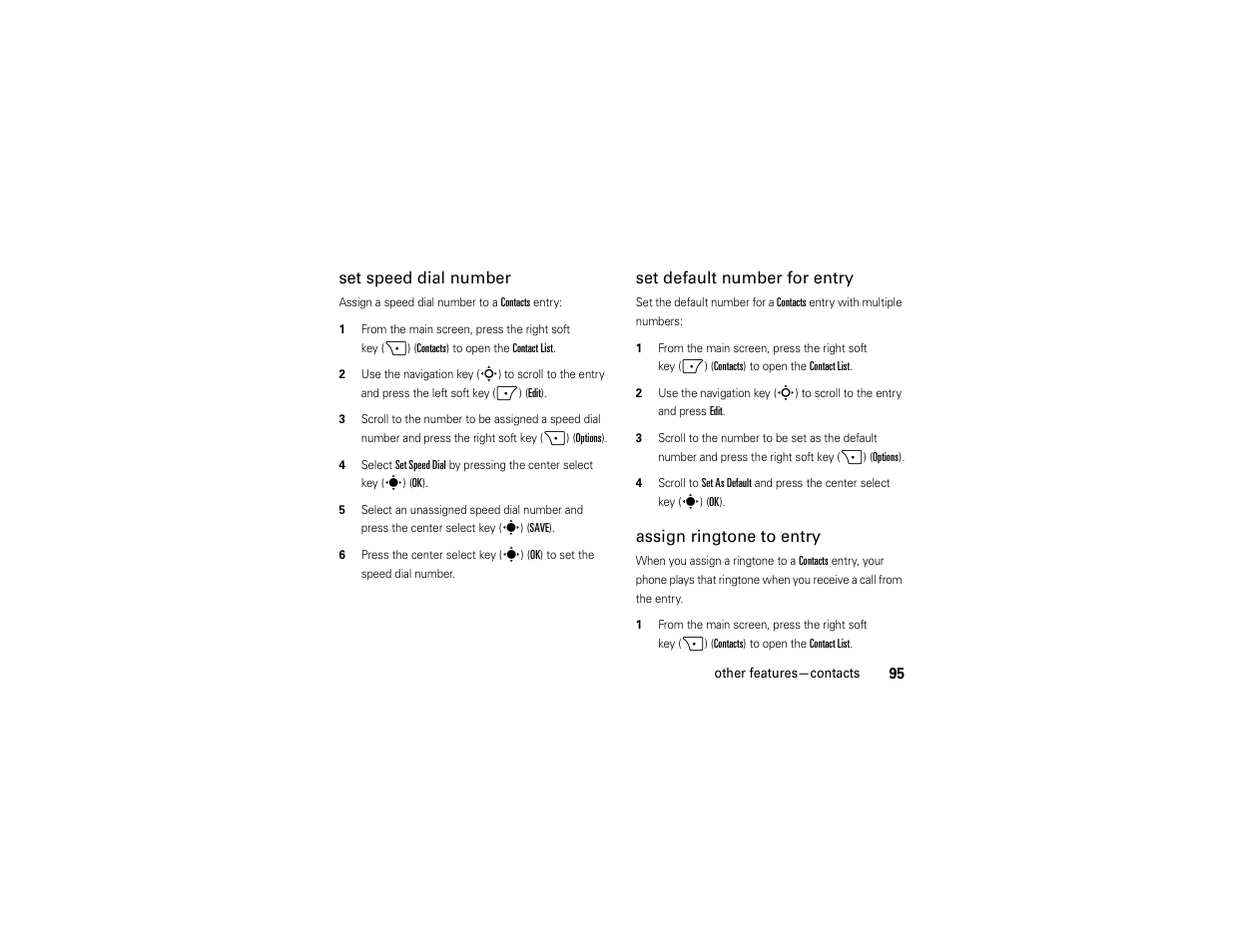 Set speed dial number, Set default number for entry, Assign ringtone to entry | Motorola Z6C User Manual | Page 97 / 296