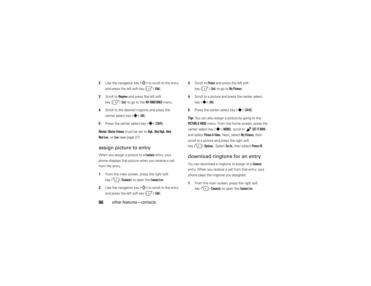 Assign picture to entry, Download ringtone for an entry | Motorola Z6C User Manual | Page 98 / 296