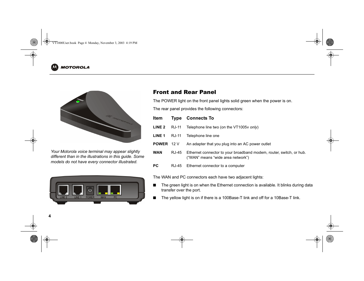 Front and rear panel | Motorola VT1000v User Manual | Page 10 / 32