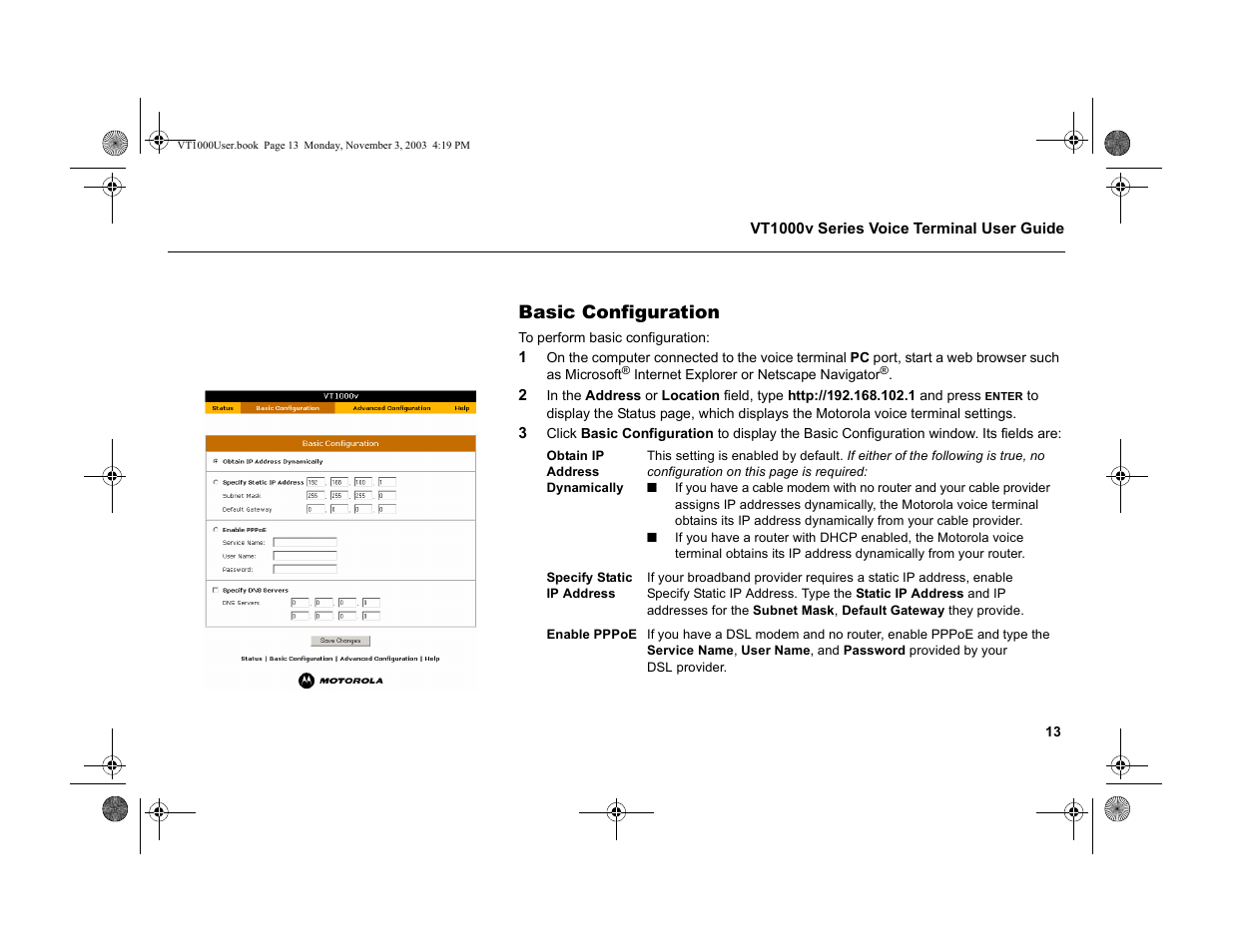 Basic configuration | Motorola VT1000v User Manual | Page 19 / 32