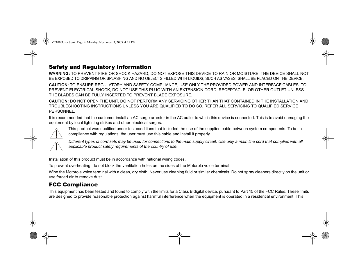 Safety and regulatory information, Fcc compliance | Motorola VT1000v User Manual | Page 2 / 32