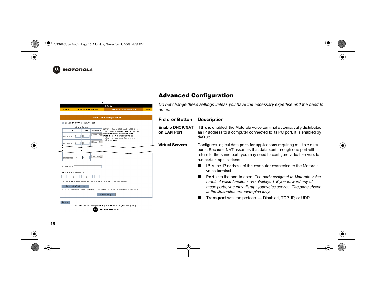 Advanced configuration | Motorola VT1000v User Manual | Page 22 / 32