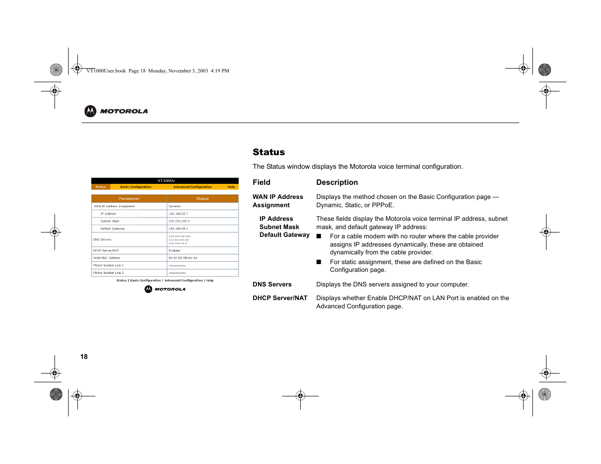 Status | Motorola VT1000v User Manual | Page 24 / 32