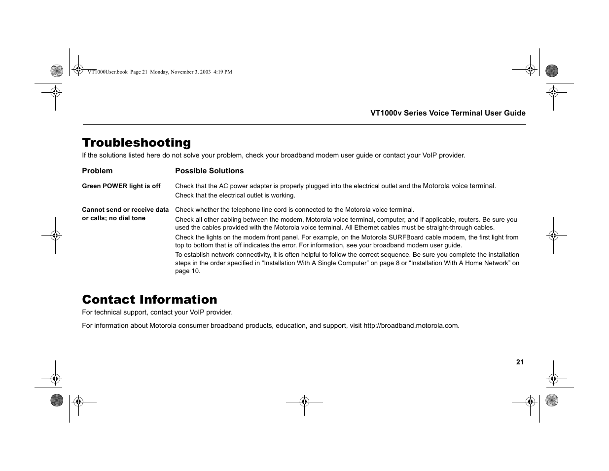 Troubleshooting, Contact information | Motorola VT1000v User Manual | Page 27 / 32