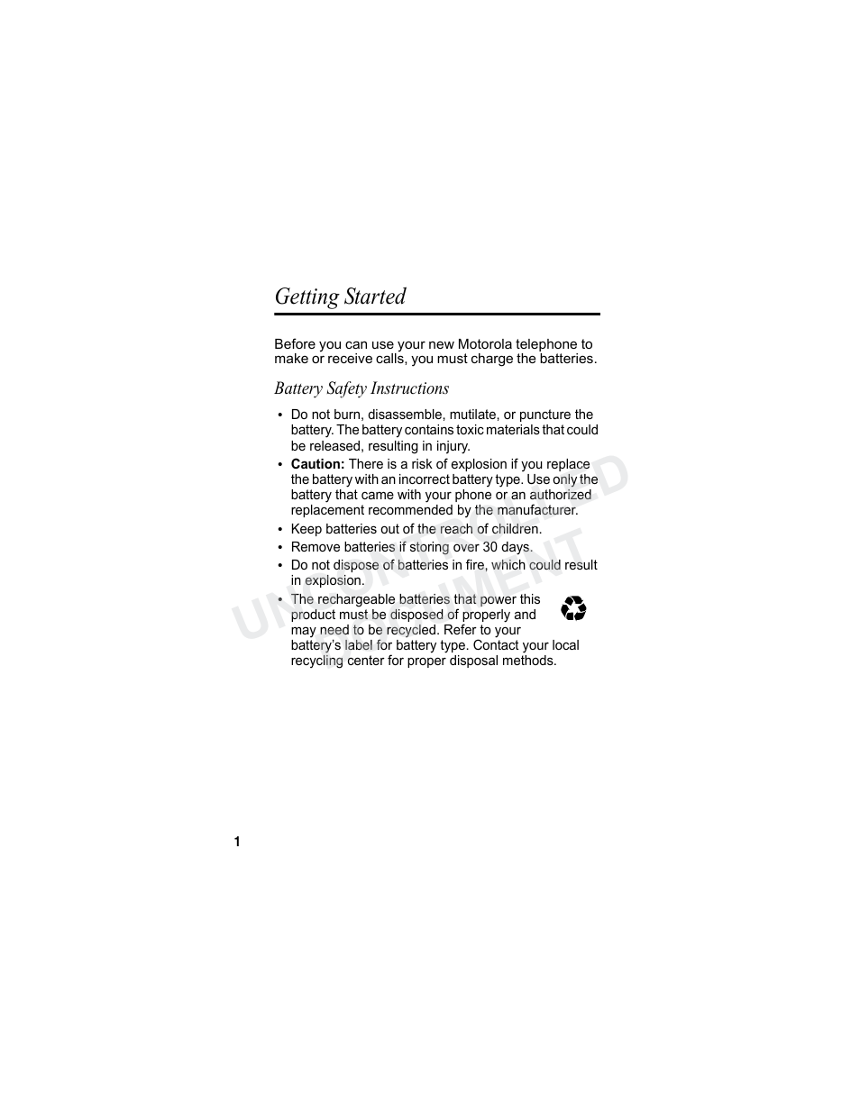 Getting started, Battery safety instructions, Uncontrolled document | Motorola MA3160 User Manual | Page 16 / 50