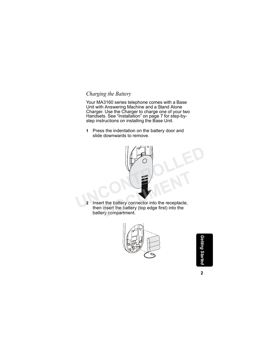 Charging the battery, Uncontrolled document | Motorola MA3160 User Manual | Page 17 / 50