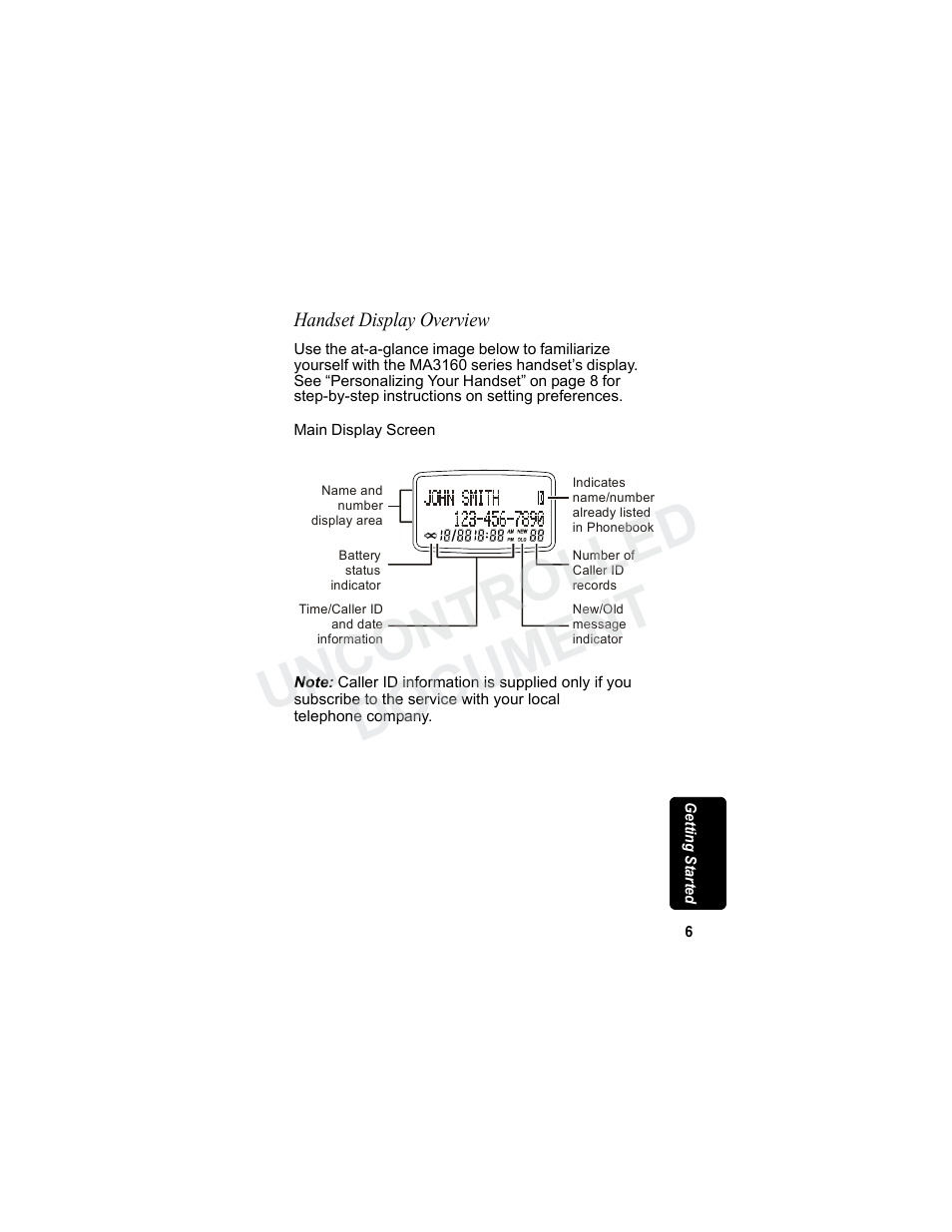 Handset display overview, Uncontrolled document | Motorola MA3160 User Manual | Page 21 / 50