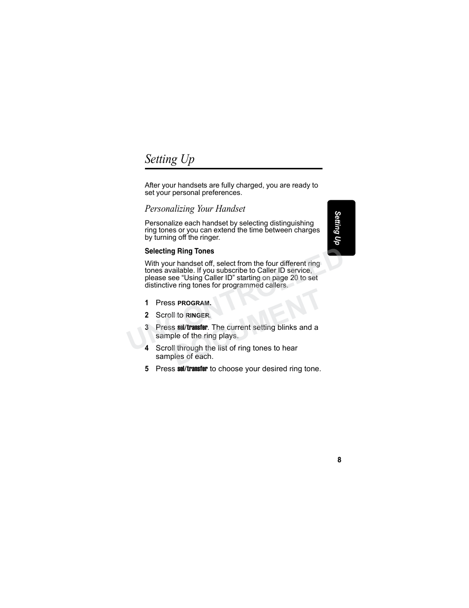 Setting up, Personalizing your handset, Selecting ring tones | Uncontrolled document | Motorola MA3160 User Manual | Page 23 / 50