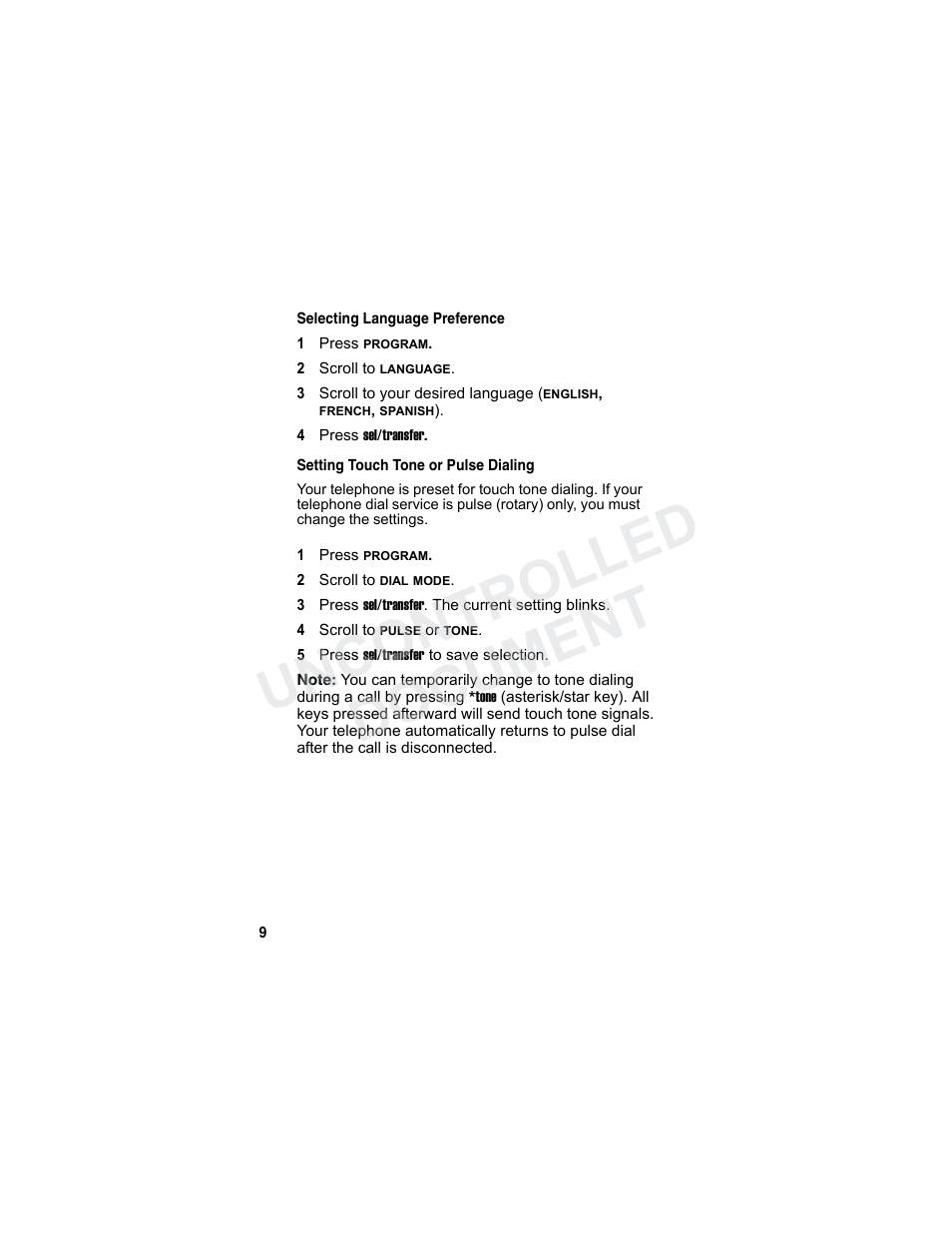 Selecting language preference, Setting touch tone or pulse dialing, Uncontrolled document | Motorola MA3160 User Manual | Page 24 / 50