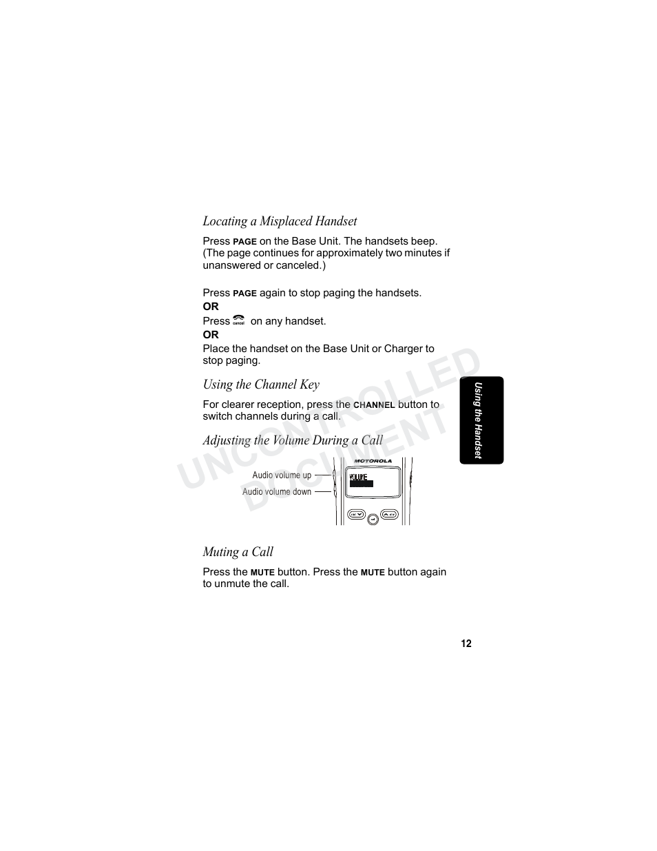 Locating a misplaced handset, Using the channel key, Adjusting the volume during a call | Muting a call, Document, Uncontrolled document | Motorola MA3160 User Manual | Page 27 / 50