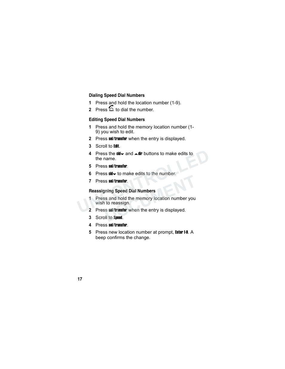 Dialing speed dial numbers, Editing speed dial numbers, Reassigning speed dial numbers | Mina r y, Uncontrolled document | Motorola MA3160 User Manual | Page 32 / 50
