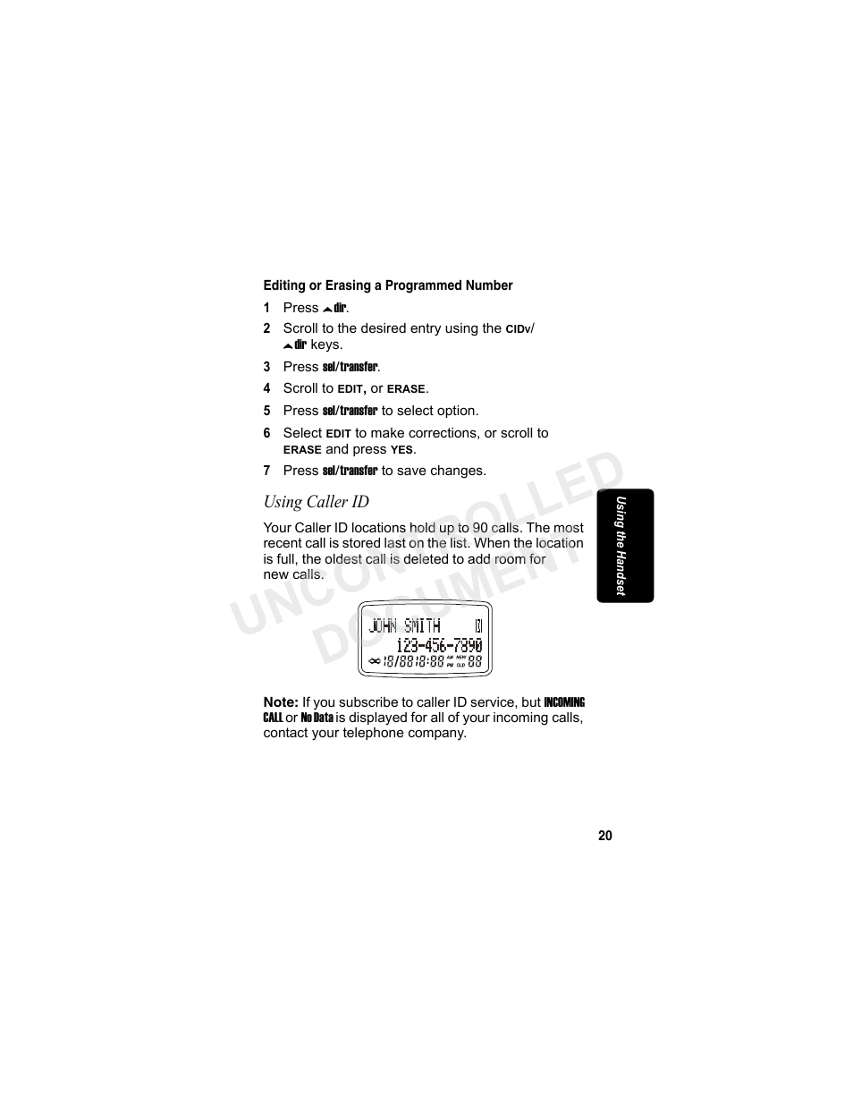Editing or erasing a programmed number, Using caller id, Uncontrolled document | Motorola MA3160 User Manual | Page 35 / 50
