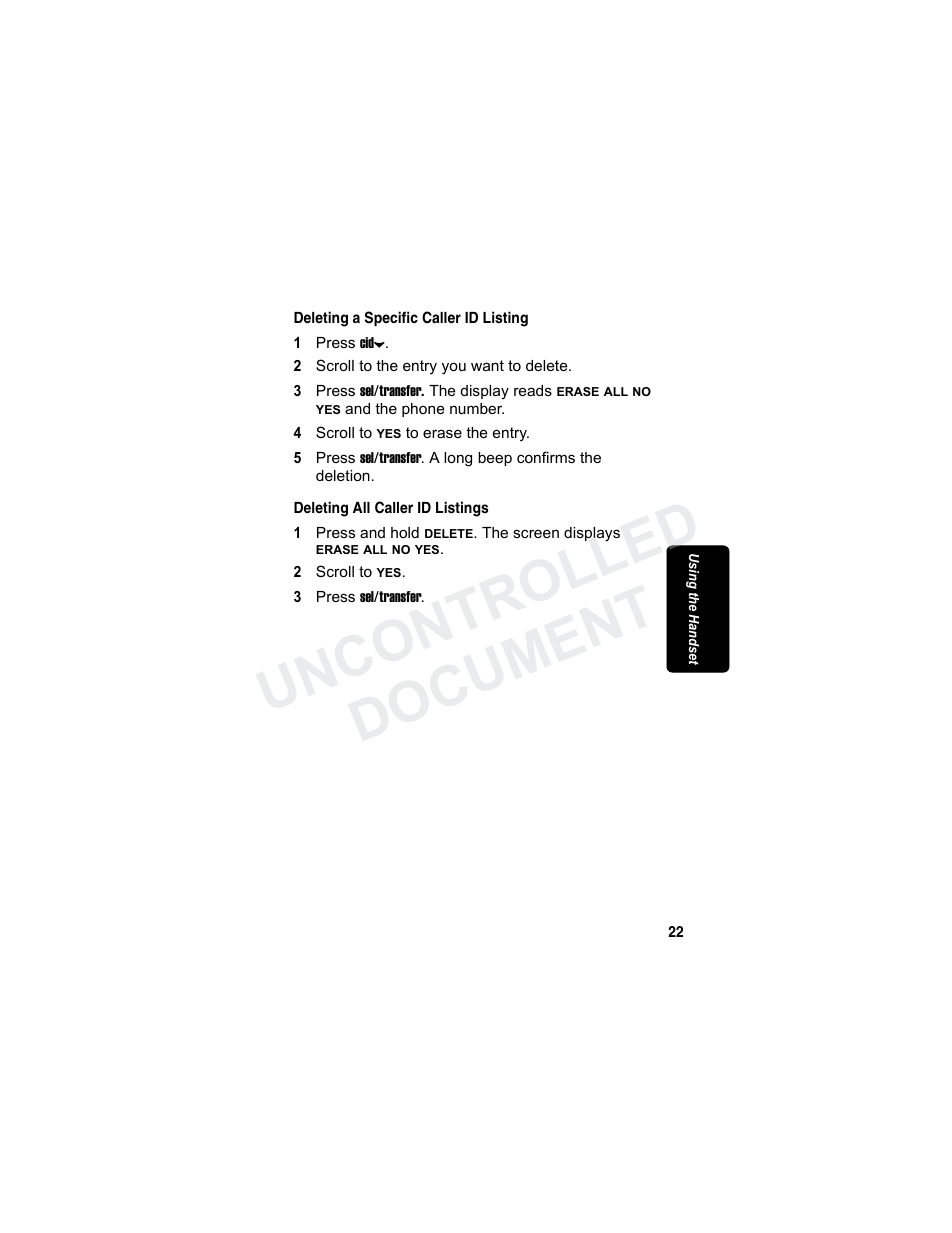 Deleting a specific caller id listing, Deleting all caller id listings, Uncontrolled document | Motorola MA3160 User Manual | Page 37 / 50