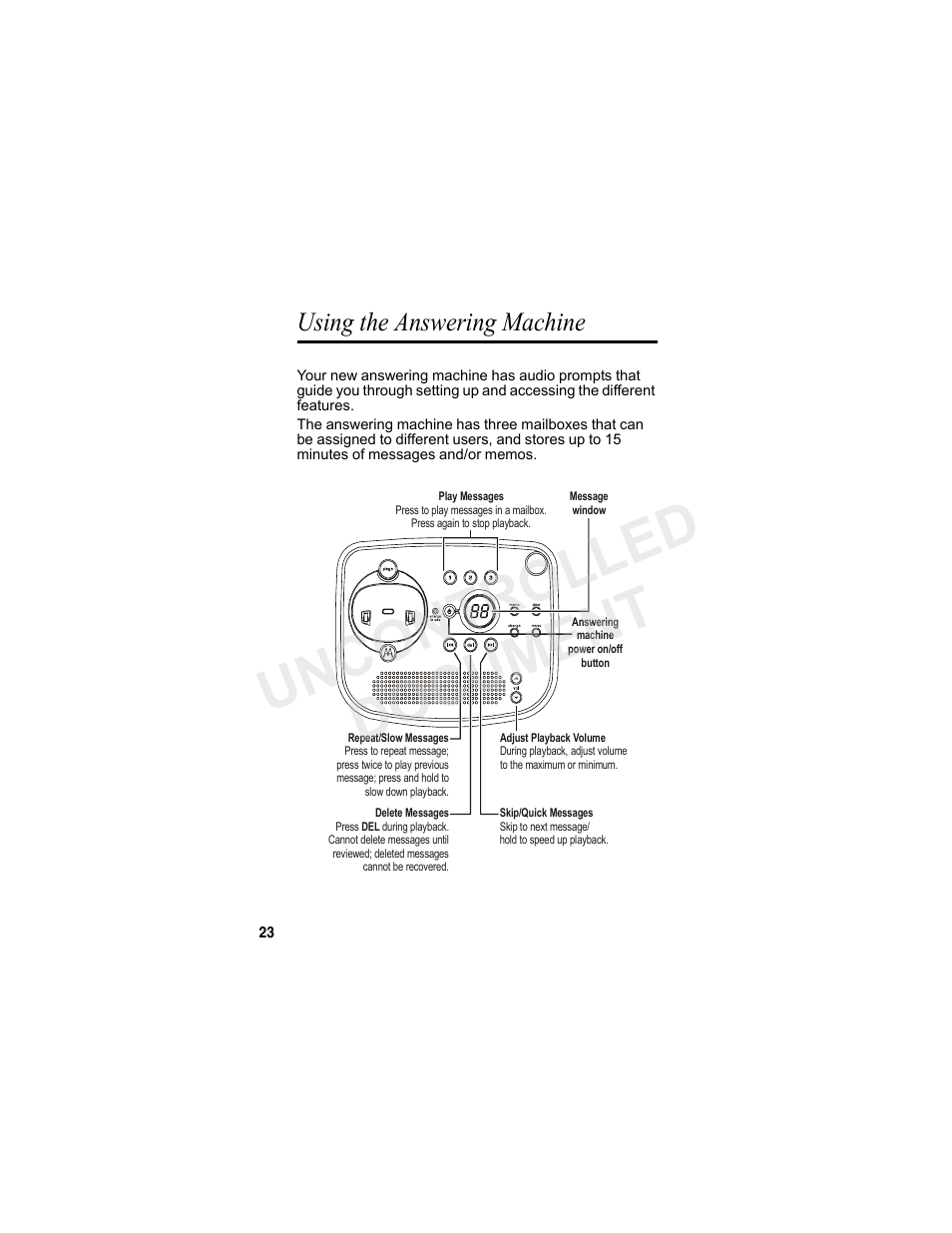 Using the answering machine, Uncontrolled document | Motorola MA3160 User Manual | Page 38 / 50