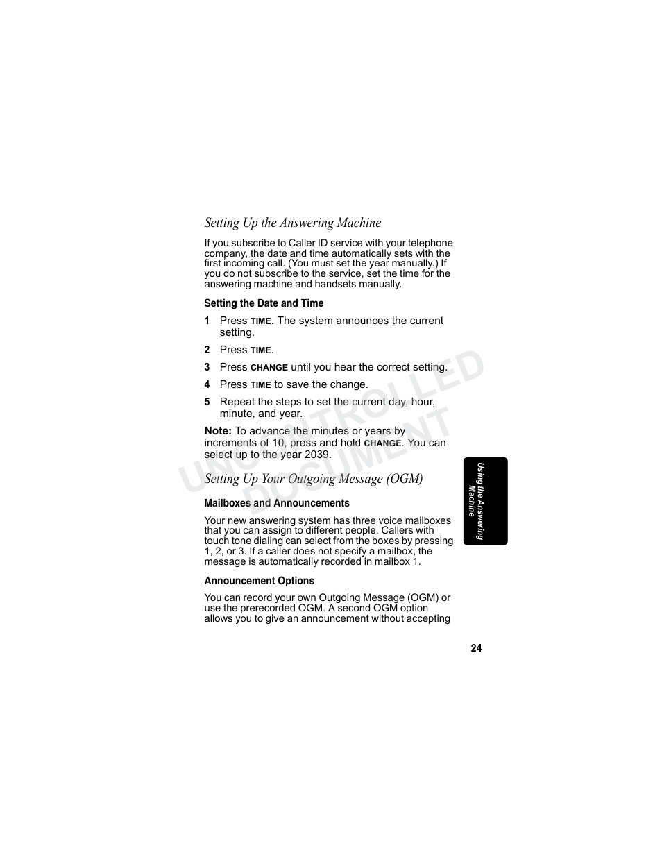 Setting up the answering machine, Setting the date and time, Setting up your outgoing message (ogm) | Mailboxes and announcements, Announcement options, Mailboxes and announcements announcement options, Uncontrolled document | Motorola MA3160 User Manual | Page 39 / 50