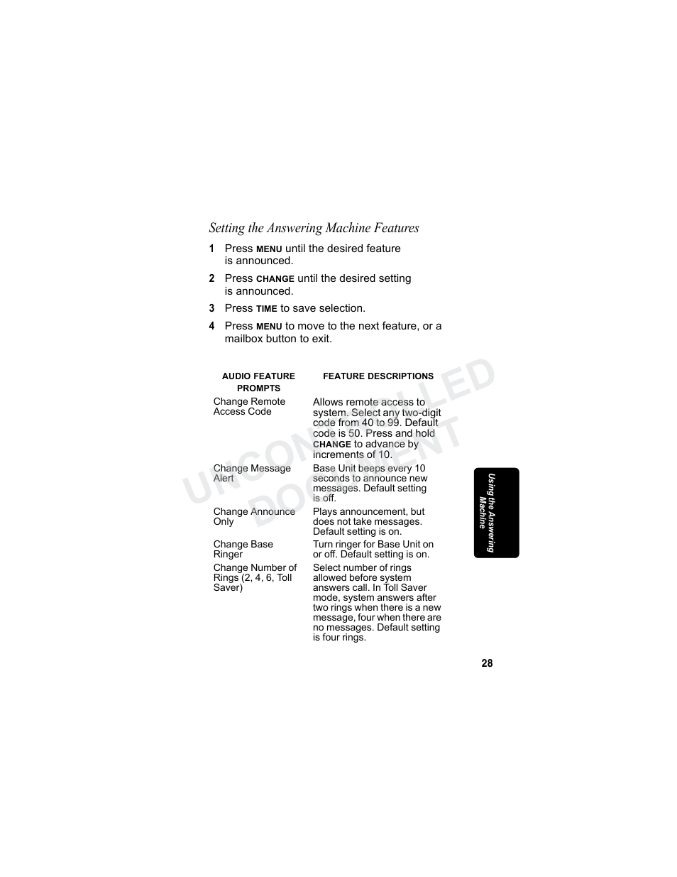 Setting the answering machine features, Uncontrolled document | Motorola MA3160 User Manual | Page 43 / 50