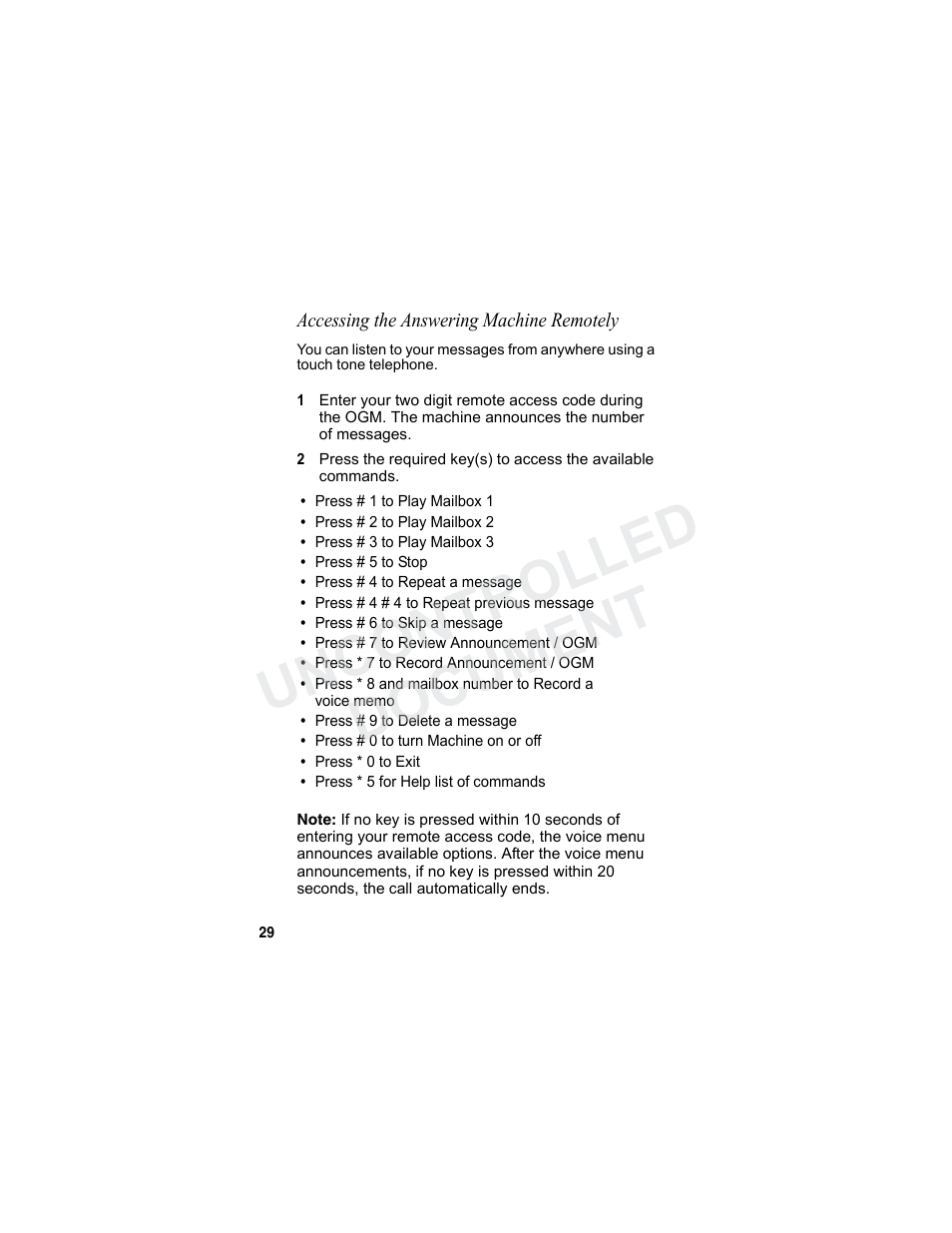 Accessing the answering machine remotely, Uncontrolled, Uncontrolled document | Motorola MA3160 User Manual | Page 44 / 50