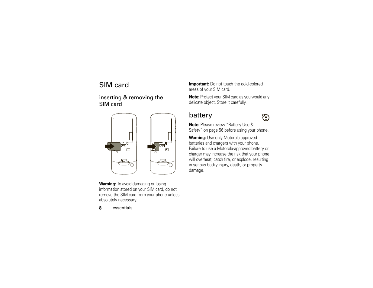 Sim card, Battery, Sim card battery | Motorola Boost i296 User Manual | Page 12 / 84