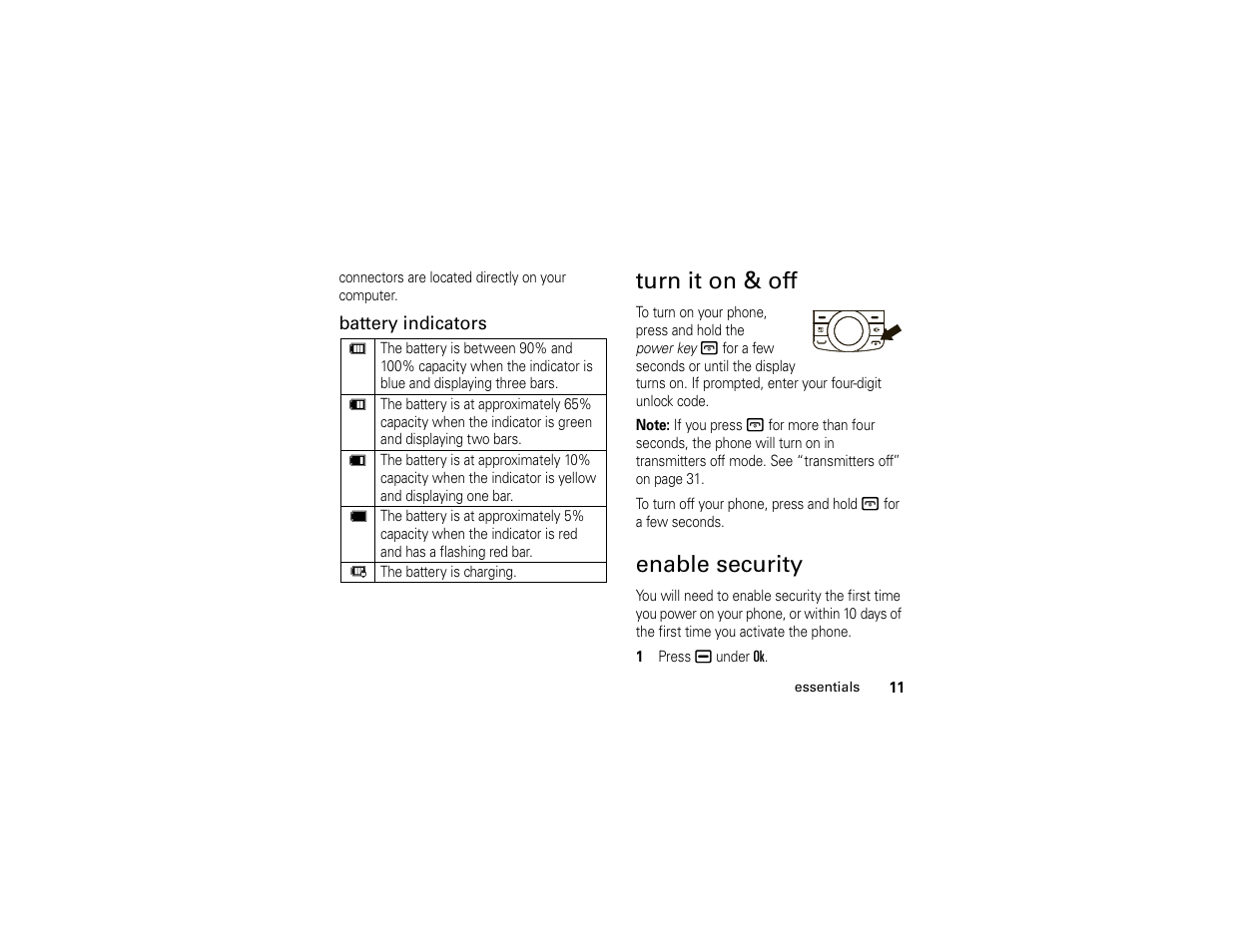 Turn it on & off, Enable security, Turn it on & off enable security | Motorola Boost i296 User Manual | Page 15 / 84