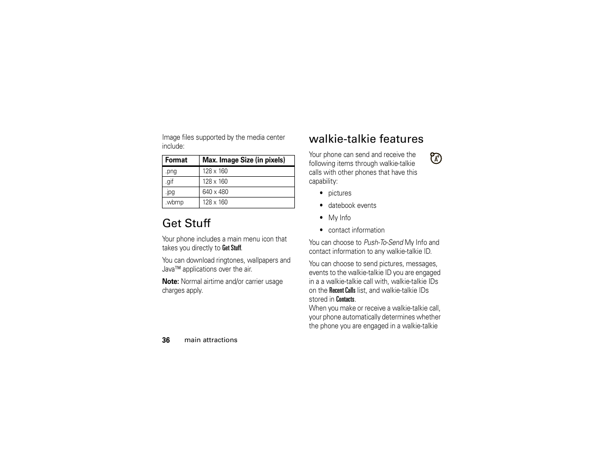 Get stuff, Walkie-talkie features, Get stuff walkie-talkie features . 36 | Motorola Boost i296 User Manual | Page 40 / 84