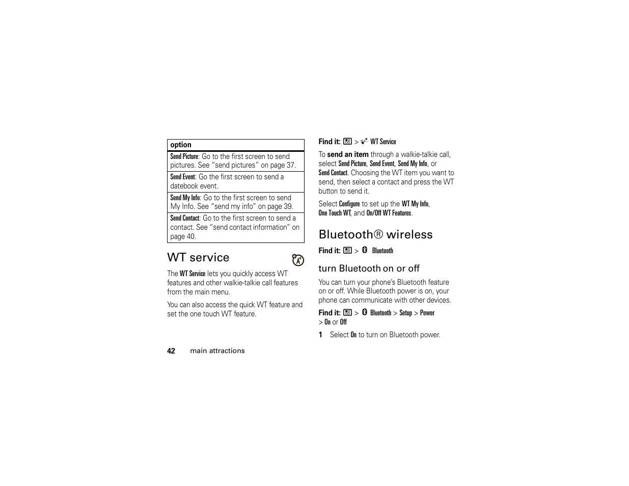 Wt service, Bluetooth® wireless, Wt service bluetooth® wireless | Motorola Boost i296 User Manual | Page 46 / 84