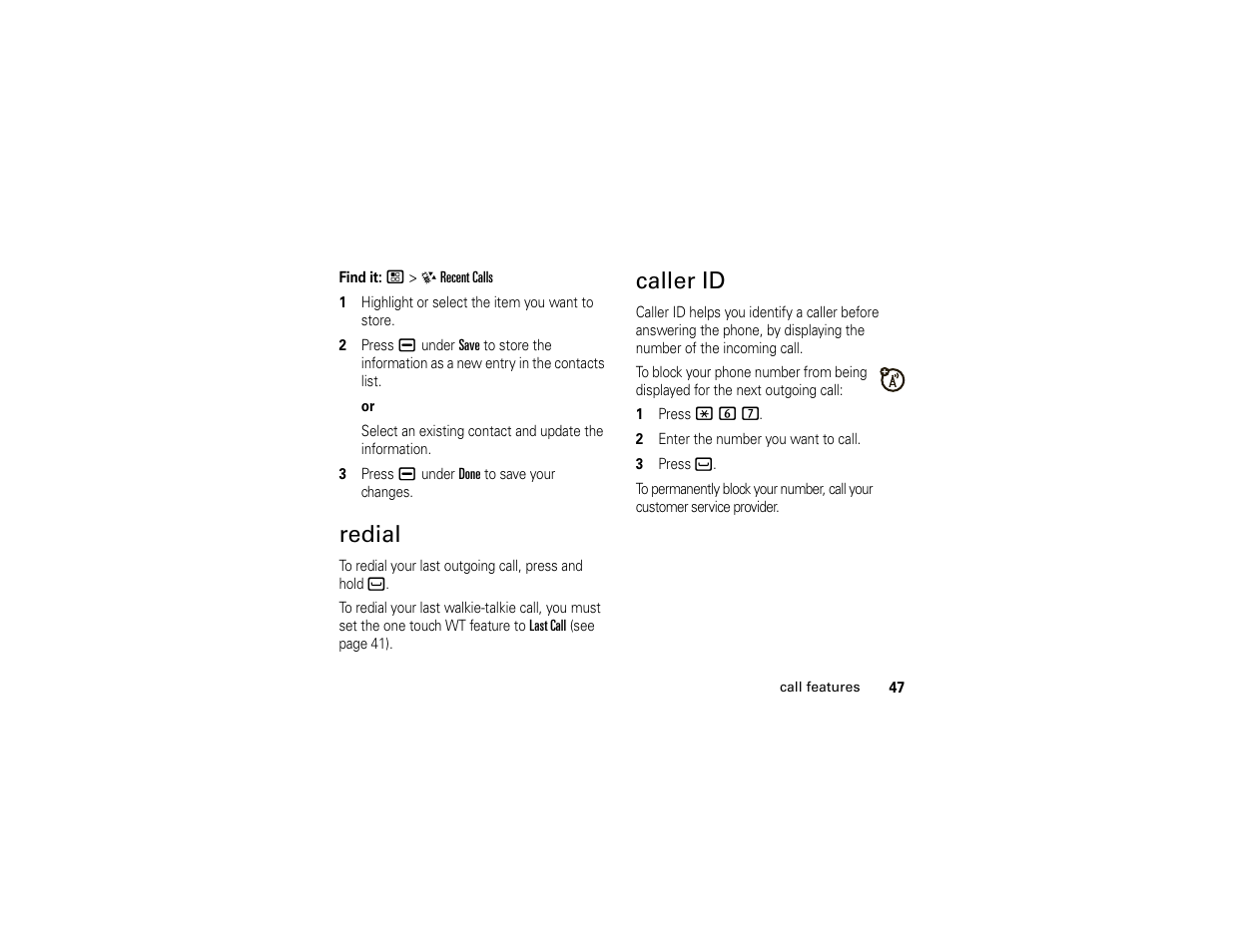 Redial, Caller id, Redial caller id | Motorola Boost i296 User Manual | Page 51 / 84