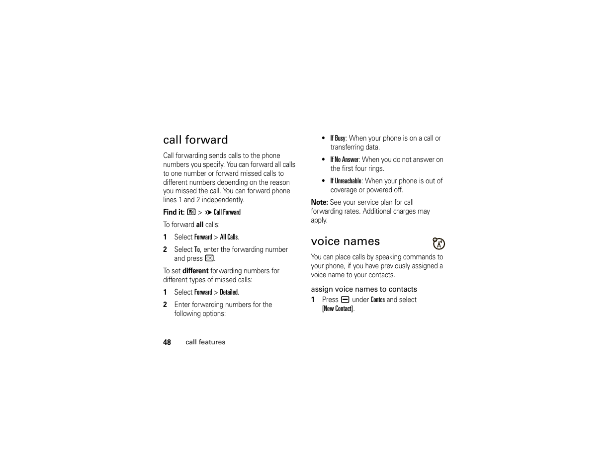 Call forward, Voice names | Motorola Boost i296 User Manual | Page 52 / 84