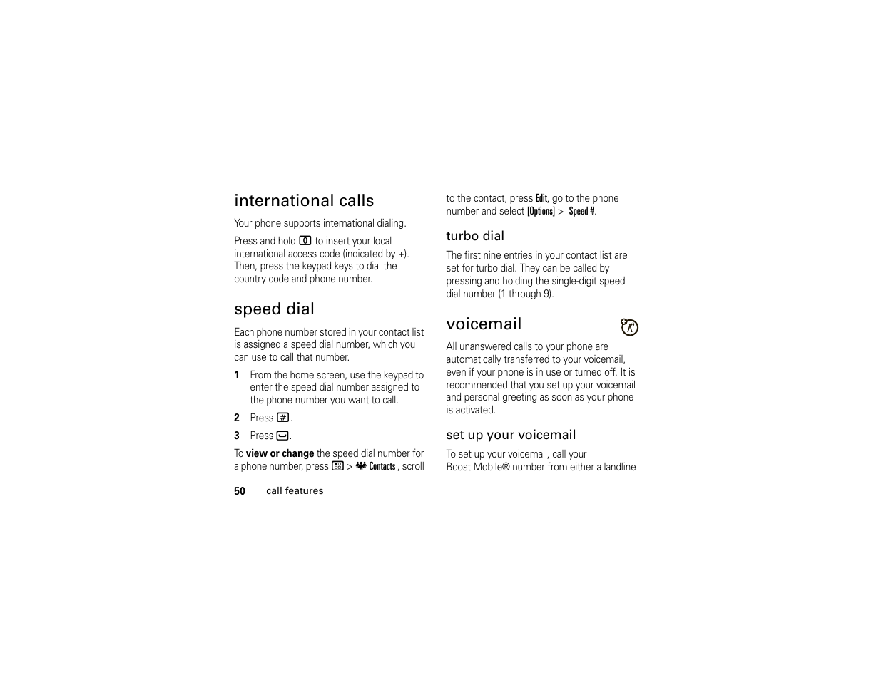 International calls, Speed dial, Voicemail | International calls speed dial voicemail | Motorola Boost i296 User Manual | Page 54 / 84
