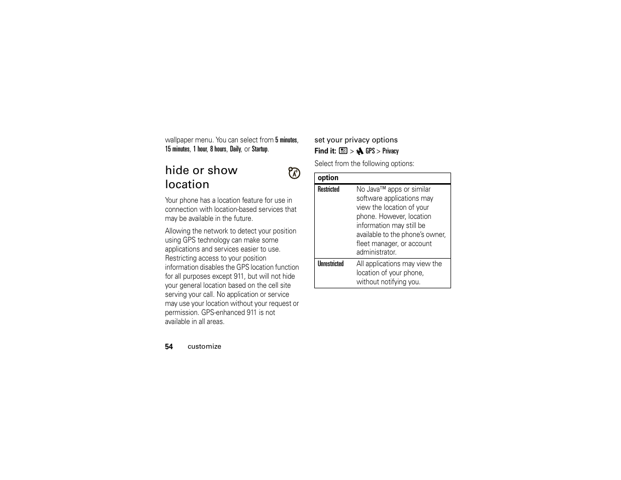 Hide or show location, Hide or show location . 54 | Motorola Boost i296 User Manual | Page 58 / 84