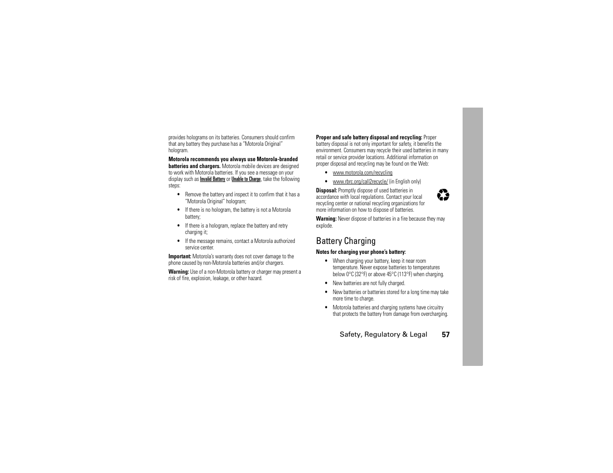 Battery charging | Motorola Boost i296 User Manual | Page 61 / 84